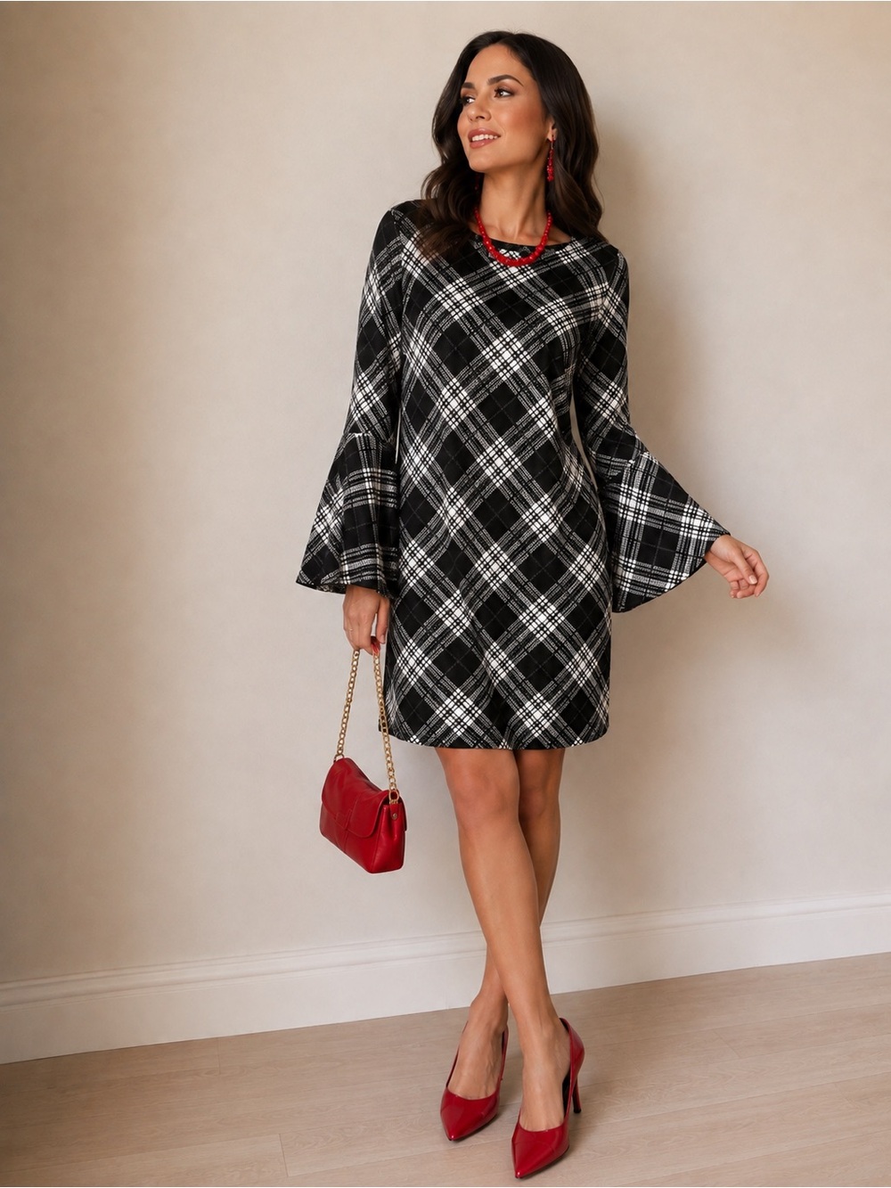 Robbie Bee Black & White Plaid Bell-Sleeve Mini Dress